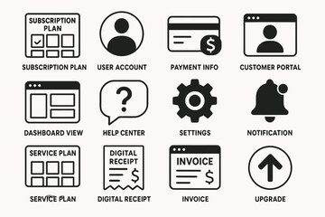 Subscription plan icons: user account, payment info, customer portal, dashboard, help center