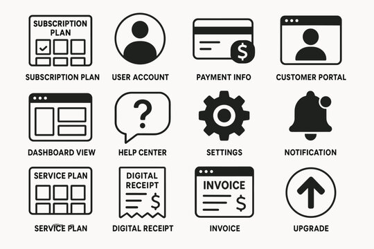 Subscription plan icons: user account, payment info, customer portal, dashboard, help center
