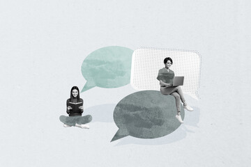 Collage of hands person people using speech bubbles representing chatting online messaging social...