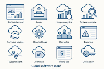 Obraz premium Cloud software icons: saas dashboard, usage analytics, api, error log, license key