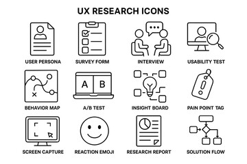 Ux research icons: user persona, survey form, a/b test, screen capture, solution flow