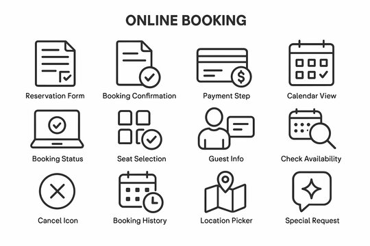 Online booking icons set: reservation, payment, calendar, and more for easy management