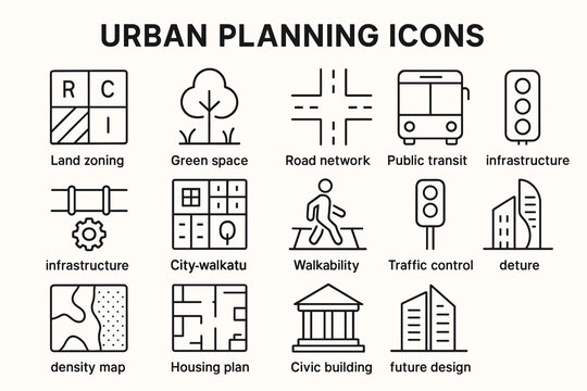Urban planning icons: infrastructure, zoning, transit, housing, walkability