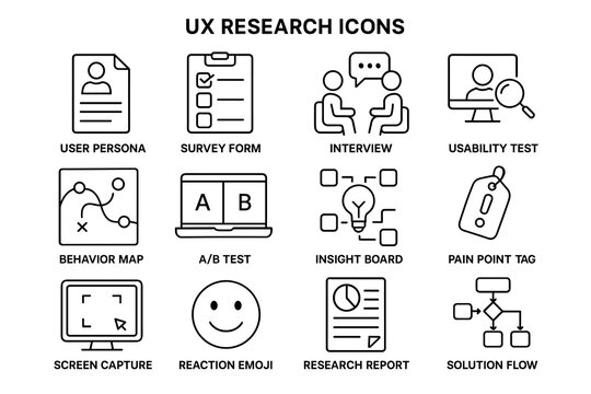Ux research icons: user persona, survey form, a/b test, screen capture, solution flow