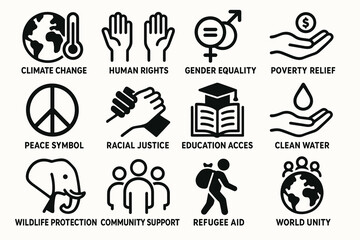 Icons representing climate change, human rights, gender equality, and global causes