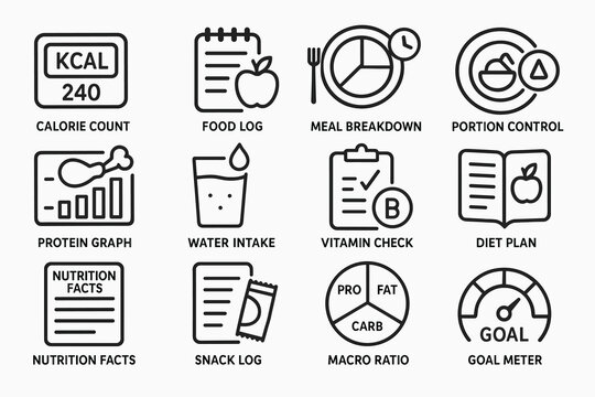 Health tracking icons: calorie count, meal breakdown, portion control, diet plan, macro ratio