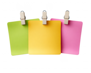 Three Colorful Square Notes with Wooden Clothespins on Transparent Background