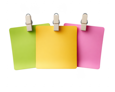 Three Colorful Square Notes with Wooden Clothespins on Transparent Background