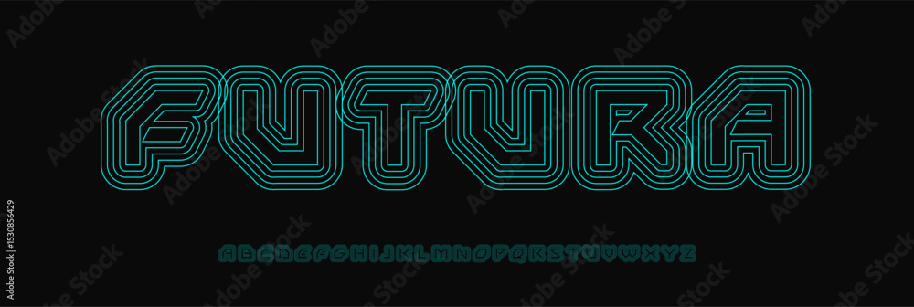 Poster cyber wireframe alphabet, outlined techno letters, futuristic stripe font for ai branding, sci-fi he