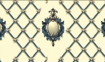 Elegant cream background with repeating ornate, dark-blue, and silver design