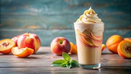 Refreshing Peach Smoothie with Whipped Cream and Fruit Garnish on Rustic Wooden Table