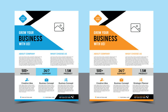 blue and orange business flyers with bold grow your business text and company service highlights	