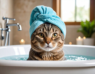 An adorable tabby cat sits calmly in a blue bathtub with a fluffy white towel wrapped around its head, looking like it's enjoying a relaxing spa day.	