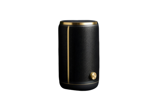 Black Smart Speaker with Gold Accents  on white Background 