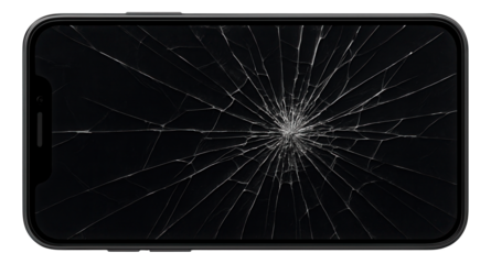 Smartphone with a severely cracked and shattered screen showing intricate web-like patterns on transparent background.