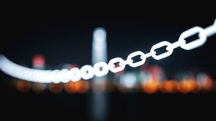 Minimal night view with warm glowing string lights and distant skyscrapers in blurred city bokeh