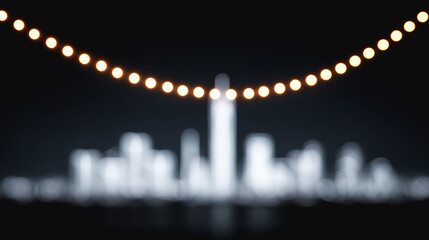 String lights and city skyline at night with soft blur, warm tones, and glowing skyscrapers in bokeh