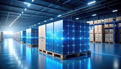 Modern warehouse interior showcasing organized pallets with digital overlay and bright lighting