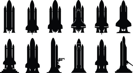 Set of space shuttle rocket silhouettes, launch vehicle vector icons, spacecraft collection for science, aerospace, technology, exploration, and engineering projects