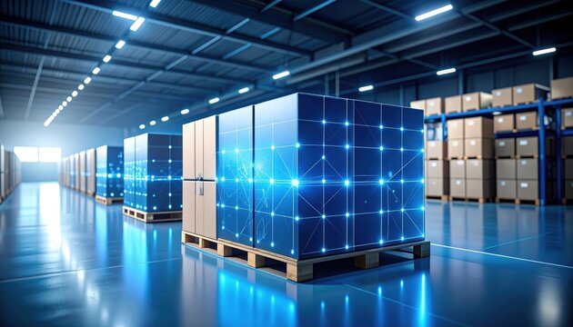 Modern warehouse interior showcasing organized pallets with digital overlay and bright lighting