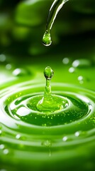 Green liquid drop falling, creating ripples, dark background, for eco ads