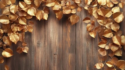 Autumn leaves frame on weathered wood