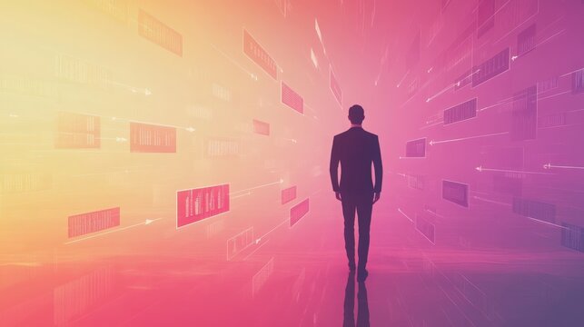 Senior executive standing confidently amid floating 3D transparent arrows radiating in dynamic directions on a soft gradient background, representing strategic crossroads and data-driven business deci