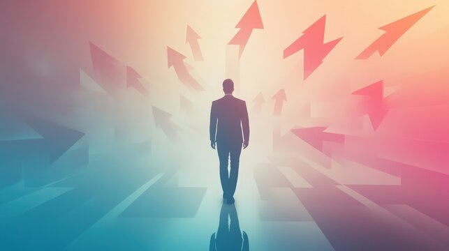 Senior executive standing confidently amid floating 3D transparent arrows radiating in dynamic directions on a soft gradient background, representing strategic crossroads and data-driven business deci