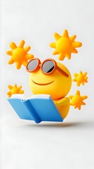 Happy sun reading book, summer, white background, education