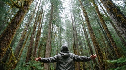 Concept photo of a person walking through a dense forest, arms outstretched as they feel the energy of the trees and plants reaching towards them, creating a reciprocal connection.