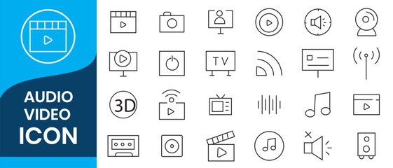 Audio Video icon set. Line icon collection set. Music, Cinema, File, Song, Movie and more. Simple vector icons. Vector illustration