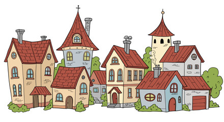 Fototapeta premium Charming cartoon village houses illustration
