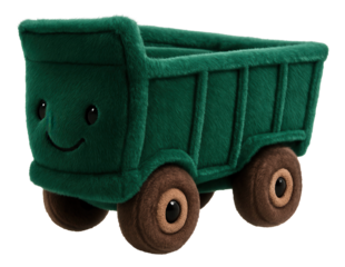 Plush green truck toy with a smiling face and brown wheels, designed for children on transparent background.