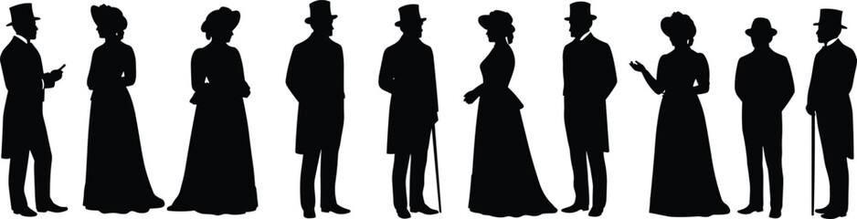 Victorian era silhouettes of people, vintage style illustration, antique fashion clipart, historical dress figures, retro costume vector set