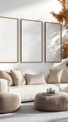 Modern living room, sunlight, three frames, mockup, interior design