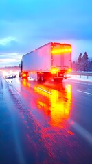 Semi-truck highway winter night driving snowy road