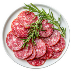 Delicious salami slices with fresh rosemary garnish