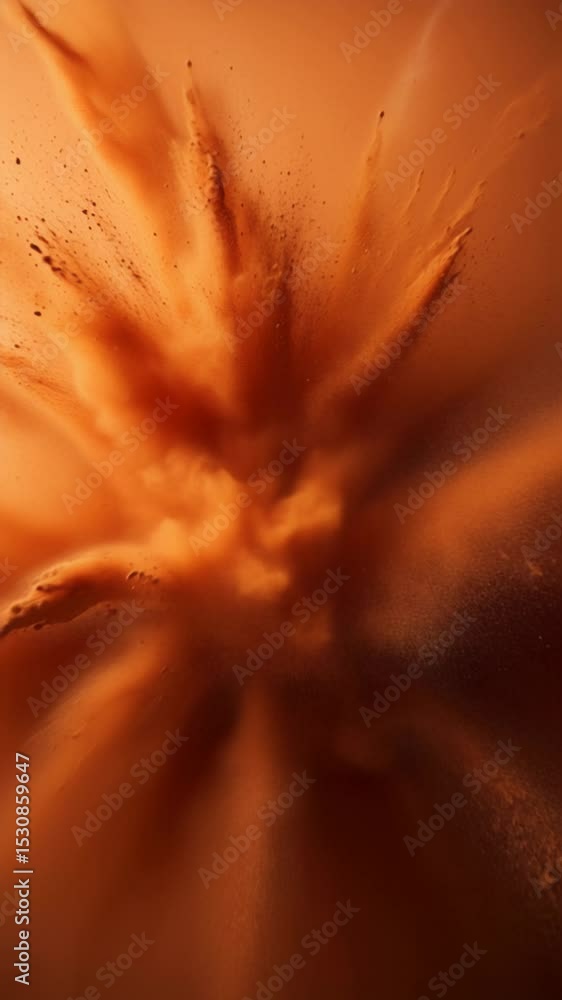 Poster abstract image of orange powder bursting outward in a radial pattern, creating dynamic textures and 