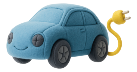 Cute plush toy shaped like a blue car with a yellow charging cable and a smiley face on transparent background.