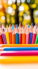 Sharpened colored pencils outdoors, autumn bokeh, art supplies
