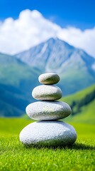 Serene stacked stones, mountain backdrop, green meadow, zen