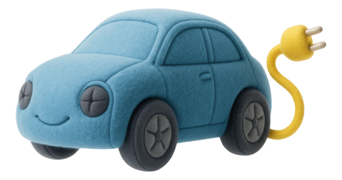 Cute plush toy shaped like a blue car with a yellow charging cable and a smiley face on transparent background.