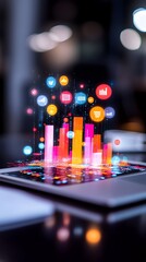 Laptop displays rising data graphs, social media icons, night office