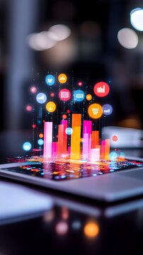 Laptop displays rising data graphs, social media icons, night office