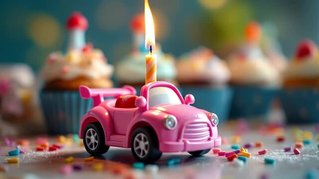 Lit birthday candle inside miniature pink toy car on table, soft lights and child&rsquo;s party atmosphere &mdash; concept for parenting content, toys, kids event decoration
