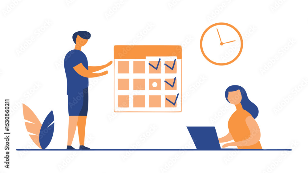 Poster people planning with calendar and laptop showing time management and task completion in a workspace 