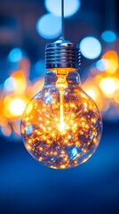 Sparkling Filament Bulb Hanging, Blue Bokeh Background, Festive Decor