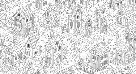Obraz premium Black and white isometric village illustration