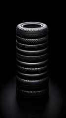 Stacked tires studio shot, black background, automotive