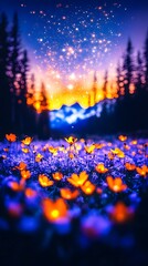 Fototapeta premium Magical sunset meadow, mountain backdrop, fantasy sparks